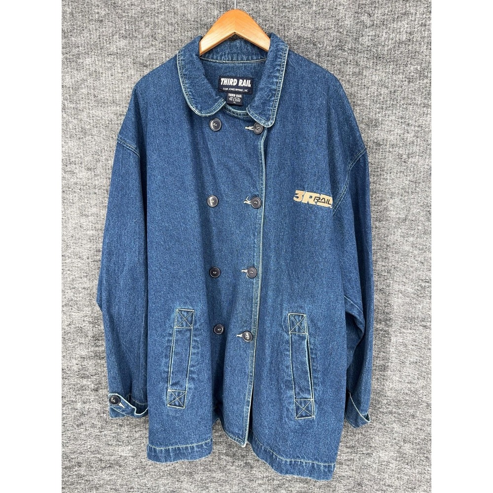 Vintage Third Rail Coat Mens XL Blue Denim Chore Coat Double Breasted Button